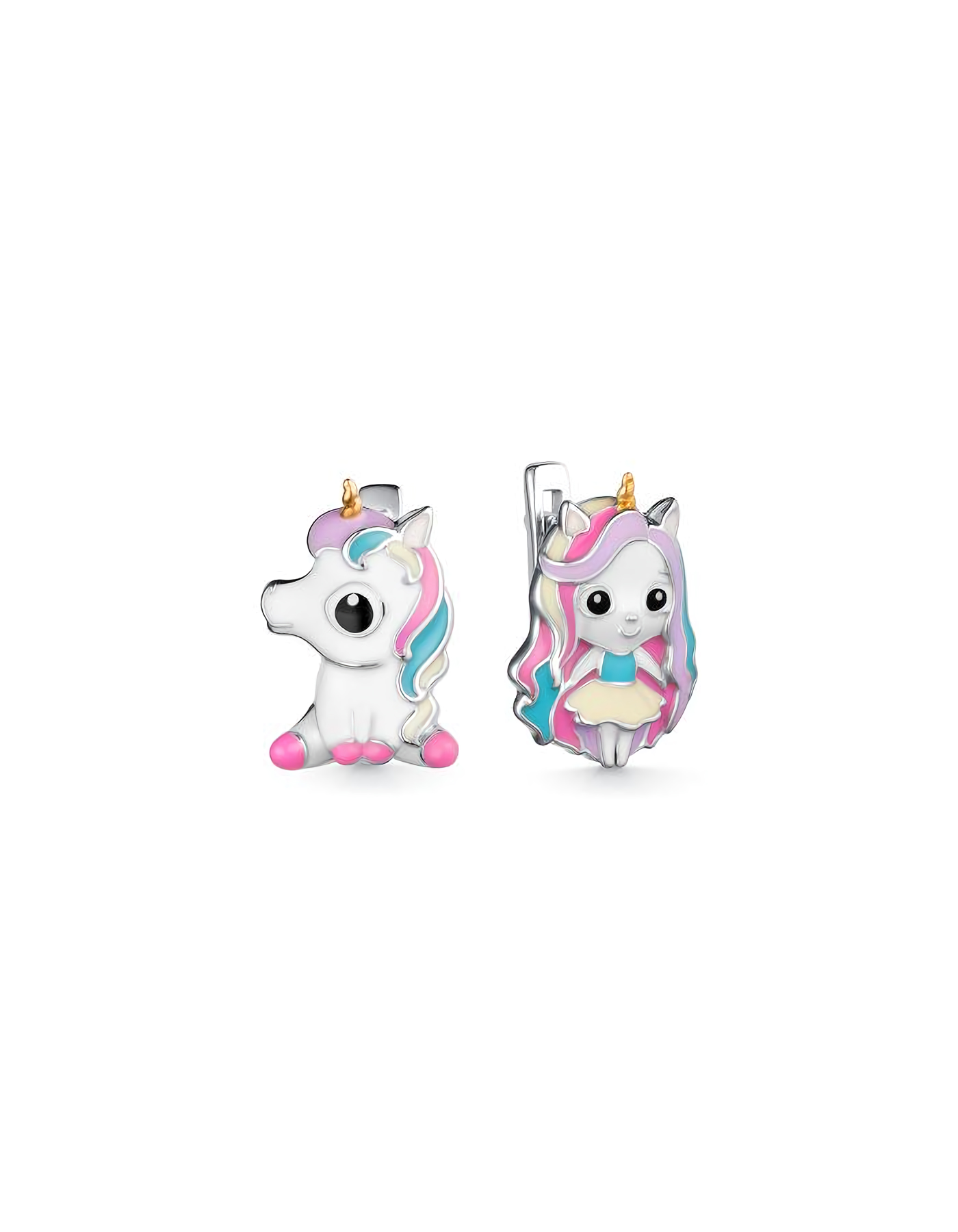 Серьги серебряные непарные детские единороги