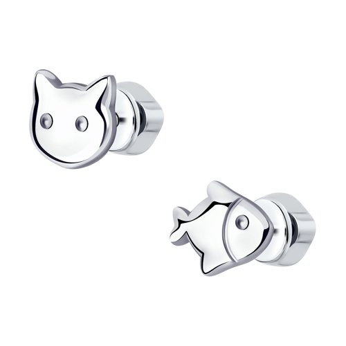 Серьги детские из серебра кот и рыбка